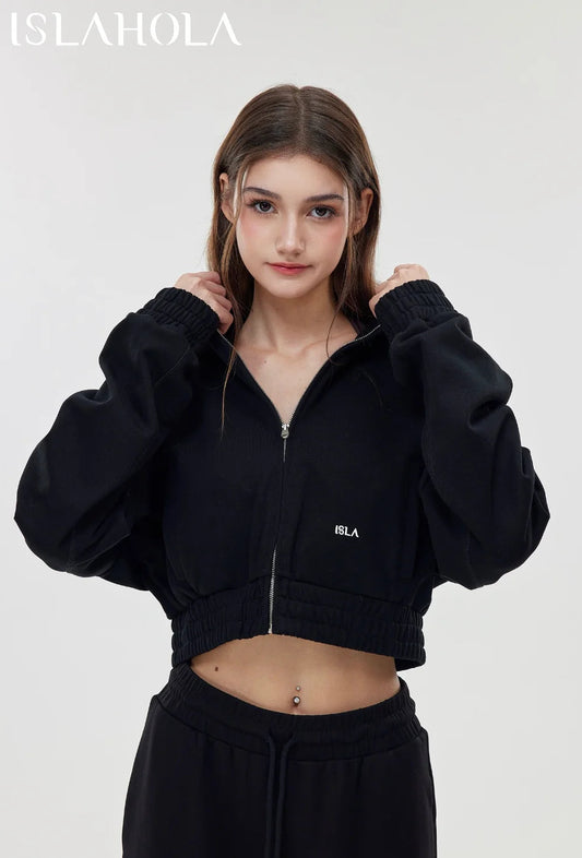 ISLAOUT075 Ribbed Hem Cropped Hoodie Jacket