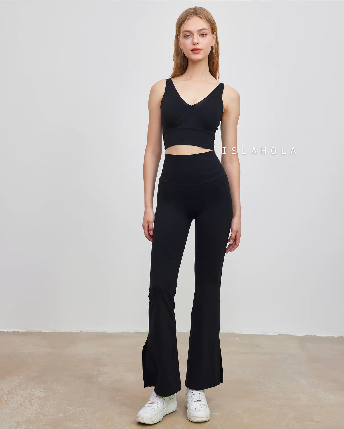 ISLABC008 High waisted cross back slit flare pants