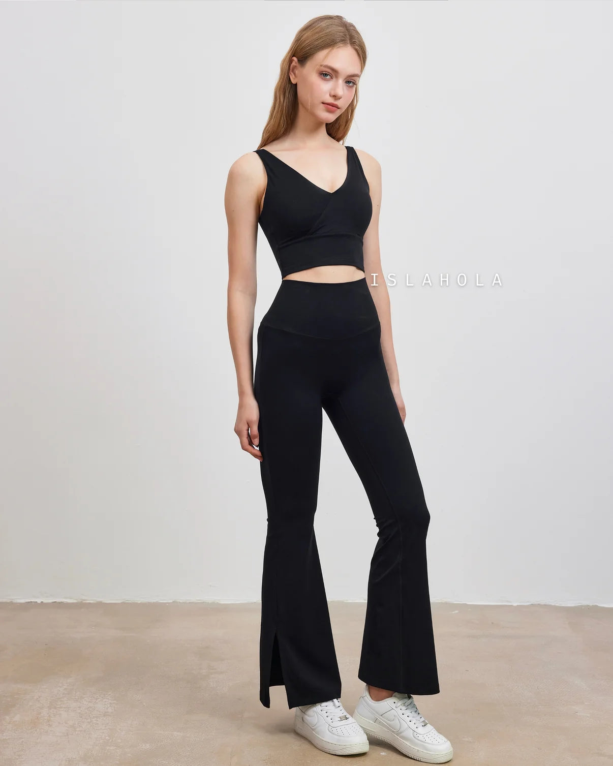 ISLABC008 High waisted cross back slit flare pants
