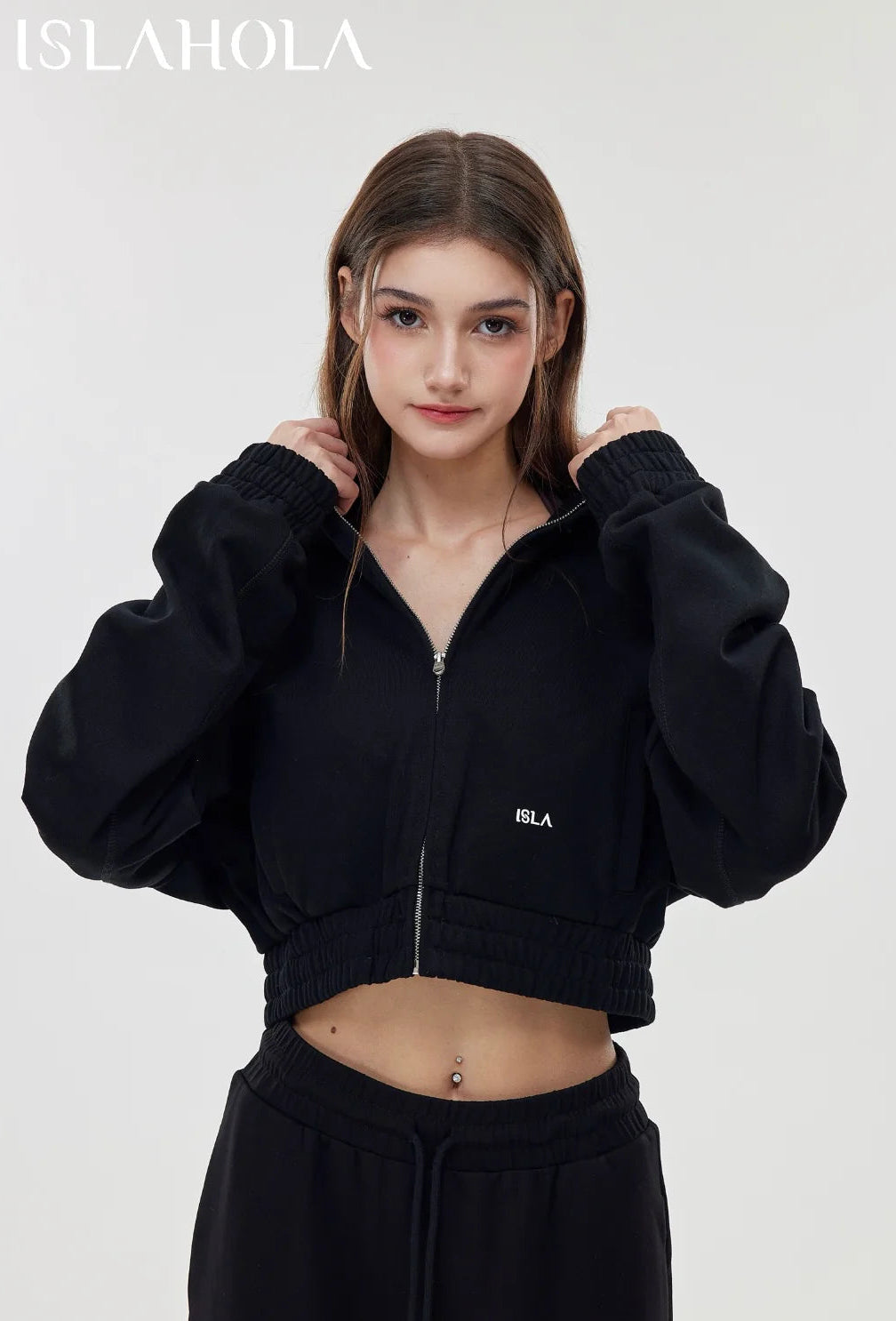 ISLAOUT075 Ribbed Hem Cropped Hoodie Jacket