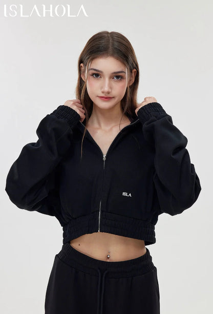 ISLAOUT075 Ribbed Hem Cropped Hoodie Jacket — image 2