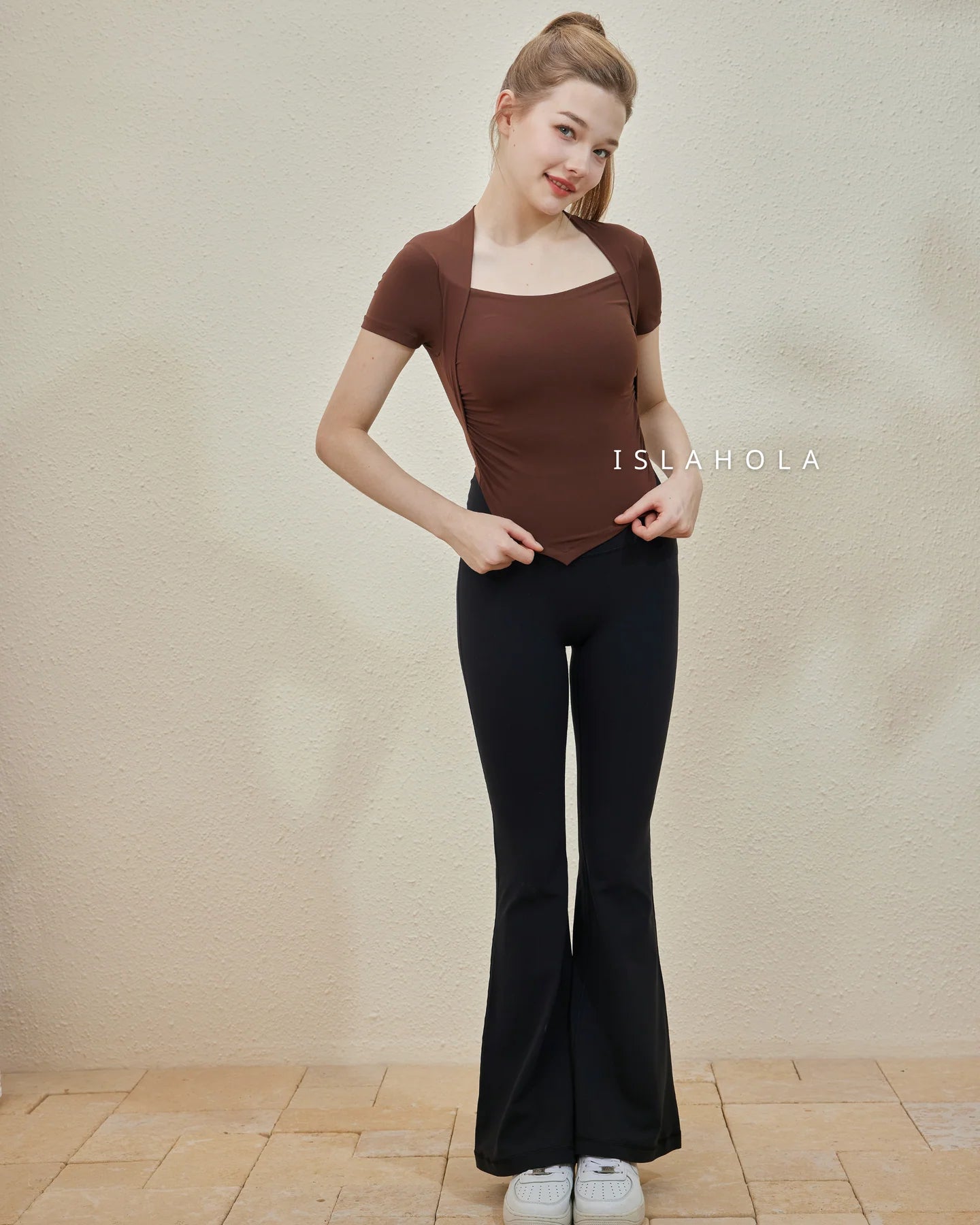 ISLACB023 Collarbone short sleeve crop top (Fixed Pad)
