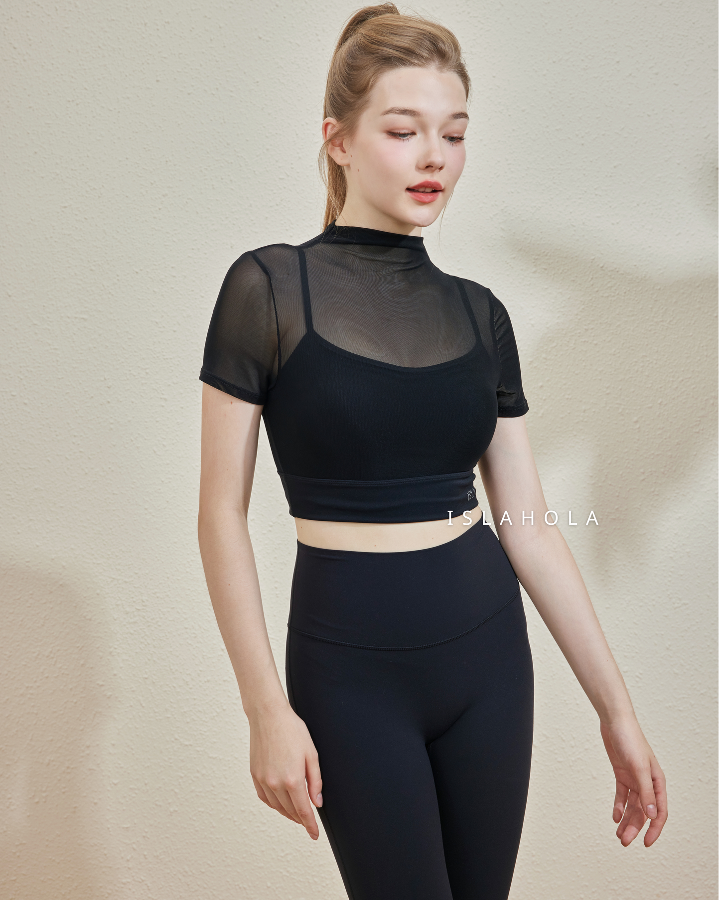 ISLACB029 sheer bottle neck crop top (Fixed Pad）