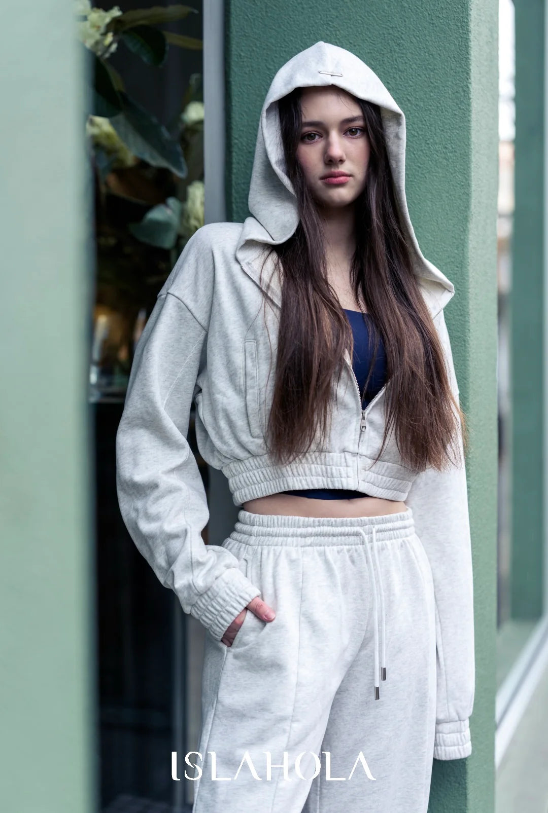 ISLAOUT075 Ribbed Hem Cropped Hoodie Jacket